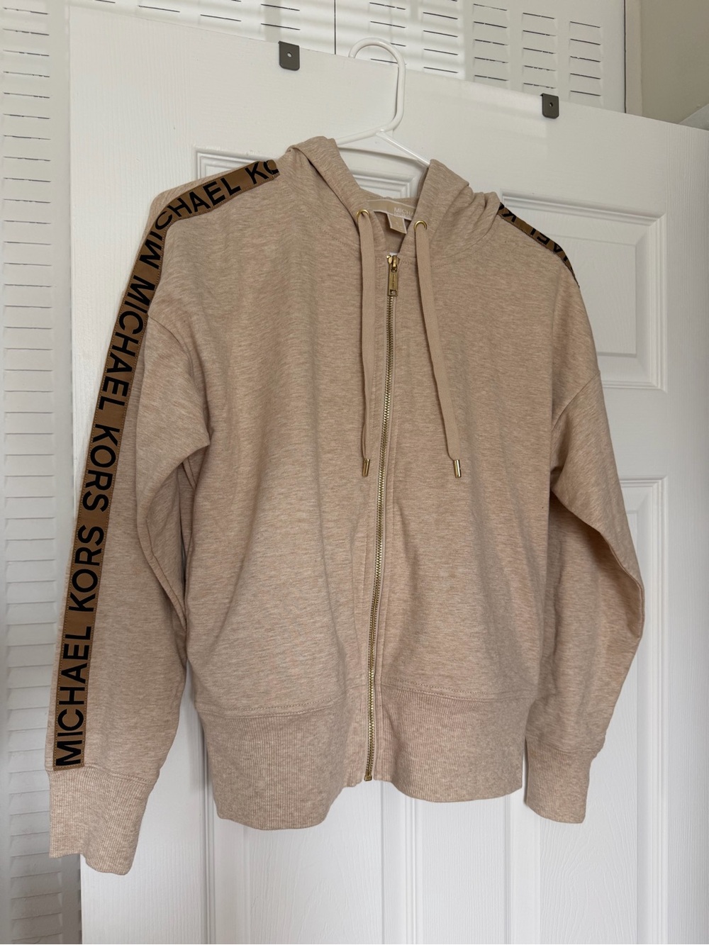 Michael Kors Logo Tape Zip-Up Hoodie in Beige